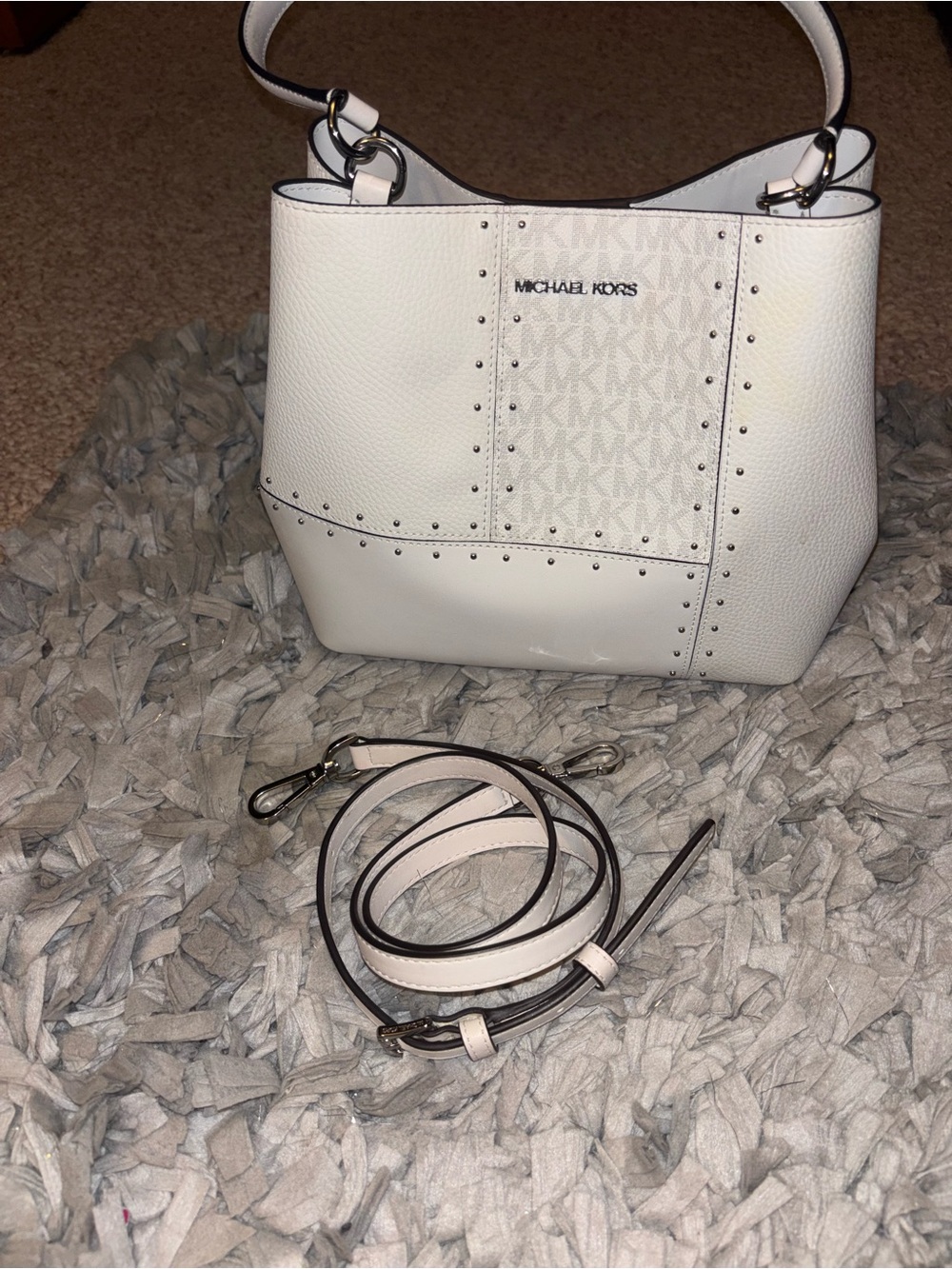 Michael Kors White Pebbled Leather studded Pratt shoulder bag